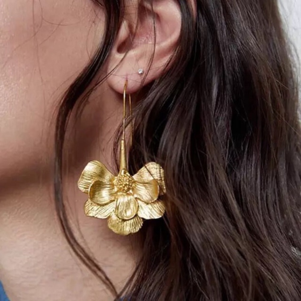 Zara Zinnia Flower Boho Gold Dangle Big Long Drop Earrings - Picture 13 of 15